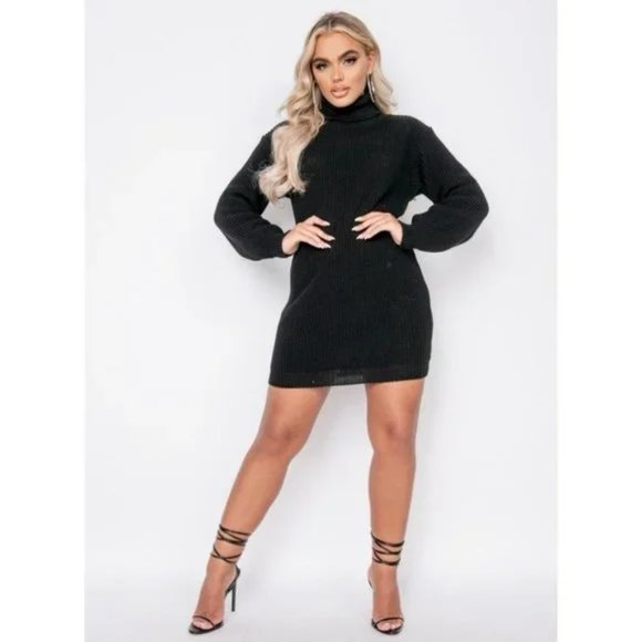 Black Knitted Long Sleeve Turtle Neck Loose Fit Mini Sweater Dress - Picture 2 of 9